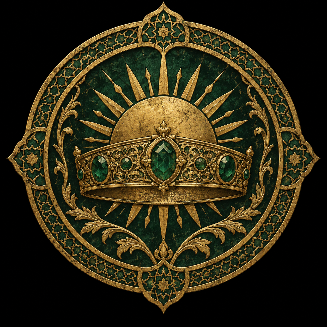 Emblema de la dinastía san Dirnius: medallón circular con disco solar dorado y diadema baja de oro engastada con esmeraldas