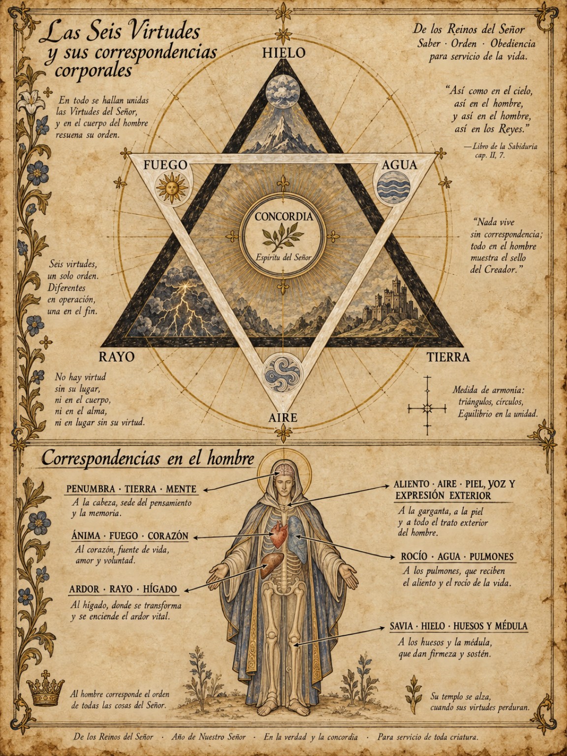 Lámina antigua del Sello de las Seis Virtudes y sus correspondencias corporales